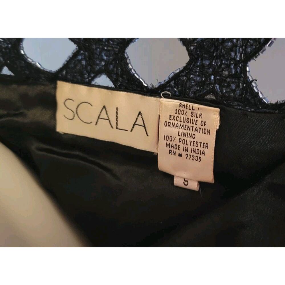 Scala Formal Dress 100% Silk Sz. S Navy Blue Beaded One Shoulder Lattice Back - Picture 3 of 14